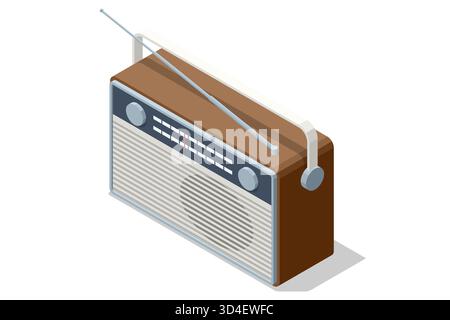 Isometric mid-century vintage tabletop radio, classic retro device for music, news broadcast Vintage analog radio device representing classic Stock Vector