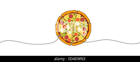 One line Drawing or illustration of slice of pizza with pepperoni and mushrooms, Continuous single line drawing of delicious sliced cheese pizza desig Stock Vector
