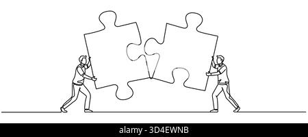 Continuous one line drawing of two businessmen puzzle jigsaw, successful business communication, compatibility of ideas in work concept, single line a Stock Vector