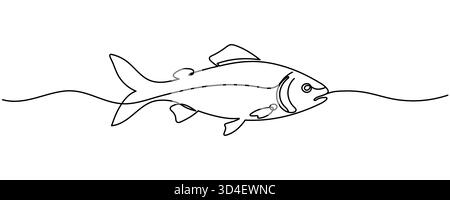 Fresh salmon fish in continuous line art drawing isolated on white background. Fresh food concept Editable stroke. Stock Vector