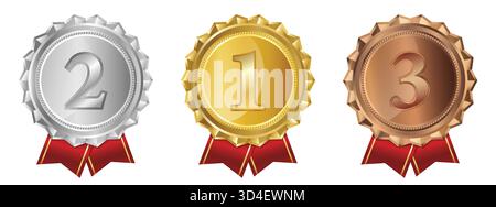 Gold Silver Bronze Medals with Engraved Spiked Edges – First Second Third Place Award Icons with Red Ribbons Stock Vector