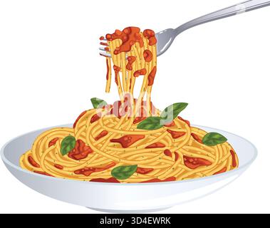 Traditional Pasta Al Pomodoro. Spaghetti Plate with Tomato Sauce and Basil. Spaghetti Twirled on Fork - Authentic Italian Cuisine Illustration Stock Vector