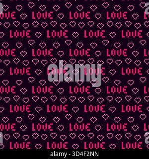 Love Stylized Text and Hearts Seamless pattern Pixels decorative Backdrop Neon pink on Dark. St Valentine Day Greeting Thematic Cards Background Invite or banners, leaflet, label, price tag Vector EPS Stock Vector
