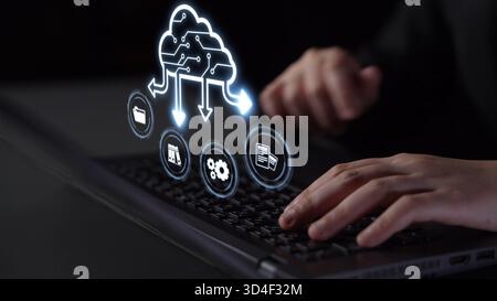 Cloud computing, cloud strategy, and cloud technology transforming digital infrastructure with scalable services, secure data storage, and cloud-based Stock Photo