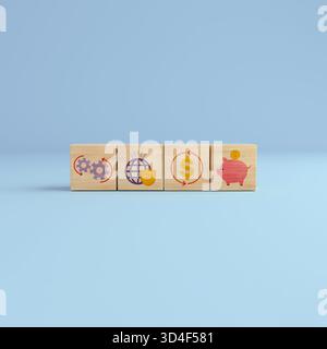 Wooden cubes displaying icons of gears, global protection, financial cycles, and a piggy bank on a light blue background Stock Photo