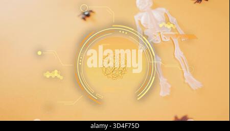 Displaying holographic circle with molecular cluster on orange table, skeleton toy and spiders Stock Photo