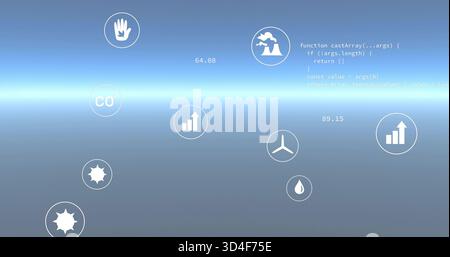 Displaying centered circular icons with CO and turbine, numeric readouts on dashboard horizon, code Stock Photo