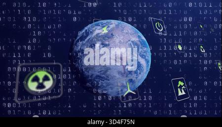 Floating realistic Earth globe rotating in space network, with binary code and green energy icons Stock Photo