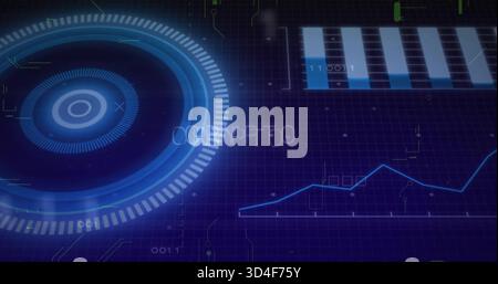 Displaying dominant circular HUD scanning left on dark grid plane, showing CRYPTO, charts, traces Stock Photo
