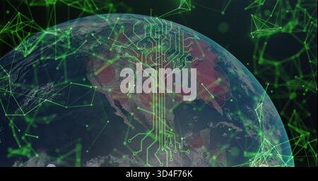Displaying Earth globe in orbit showing neon-green network, circuit-tree, green points, red heatmap Stock Photo