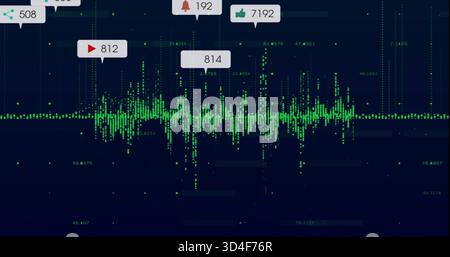 Displaying central green waveform on dark navy analytics UI, showing icon bubbles with counts Stock Photo