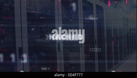 Displaying row of server cabinets stretching down server room aisle, showing HACKED overlay Stock Photo