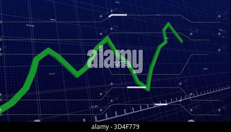 Displaying green beveled trend line moving across dark blue grid with ruler, showing 107 Stock Photo