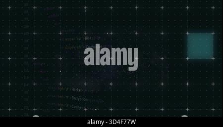 Displaying central HUD overlaying crosshair grid on screen, with code snippets and teal square Stock Photo