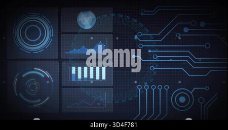 Displaying futuristic HUD centered on control screen, showing panels, radar, charts, circuit traces Stock Photo