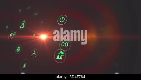 Glowing neon icons moving toward red flare in dark void, showing CO2, factory, wind, power, euro Stock Photo