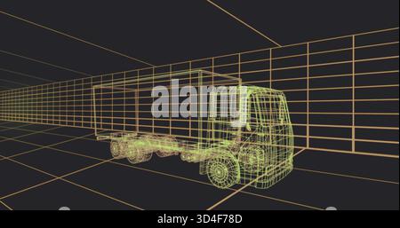 Showing neon wireframe box truck cab cargo chassis on grid, revealing wheels axles vanishing-point Stock Photo
