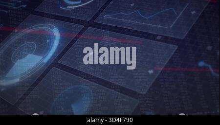 Displaying holographic dashboard centered on grid, showing translucent panels, radar HUD, red scan Stock Photo