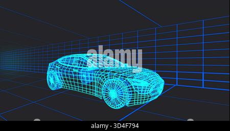 Displaying cyan wireframe modern sedan sitting within virtual 3D grid chamber, showing wheel spokes Stock Photo