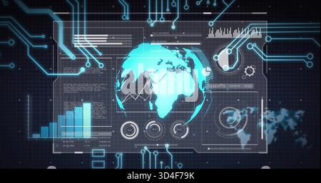 Displaying central holographic globe projecting data on dark grid HUD, with line charts, gauges Stock Photo