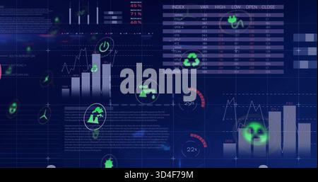 Displaying navy-blue data HUD presenting vertical bar charts, line plots, gauges, neon green icons Stock Photo