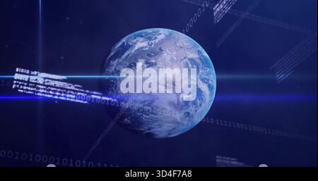 Rotating Earth-like planet showing clouds and continents in orbit, with blue beams streaming code Stock Photo