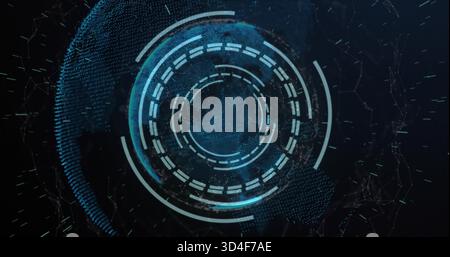 Rotating holographic concentric rings and dotted globe filling virtual digital space, scanning arcs Stock Photo