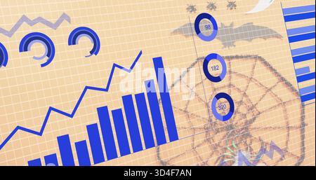 Displaying blue bar chart rising jagged line on beige grid, concentric rings 98,182,320 bat Stock Photo