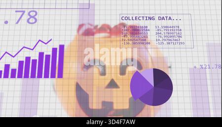 Displaying carved pumpkin sitting centered on grid-paper background, with purple data charts Stock Photo
