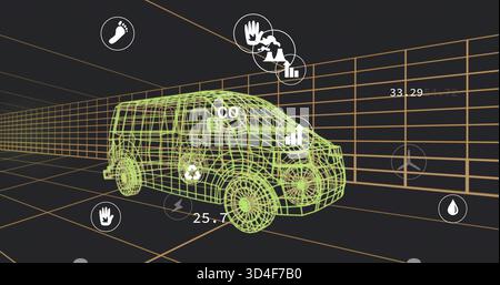 Displaying green wireframe van hovering inside orange grid tunnel, showing HUD icons and readouts Stock Photo