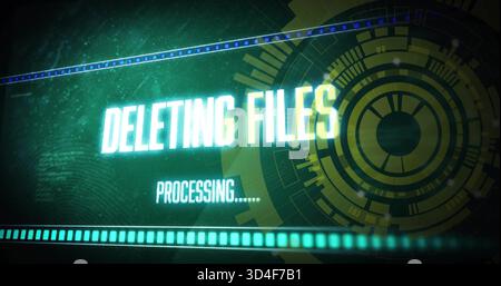 Displaying bold DELETING FILES headline pulsing on digital HUD, showing PROCESSING Stock Photo