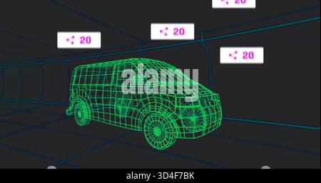 Rendering green wireframe van rotating in virtual tunnel viewport, with teal grid and HUD panels Stock Photo
