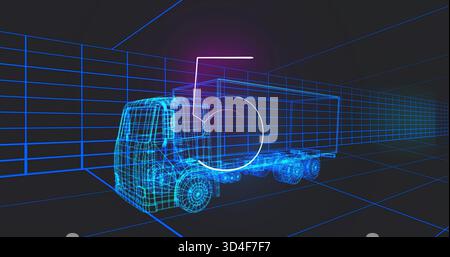 Displaying wireframe 3D semi-truck with trailer rotating in virtual grid studio, with numeral 5 Stock Photo