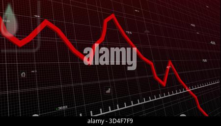 Displaying bold red jagged line graph declining across dark grid dashboard, with white axis tick Stock Photo
