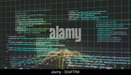 Pulsing central programming text cluster floating in virtual interface, with translucent green grid Stock Photo