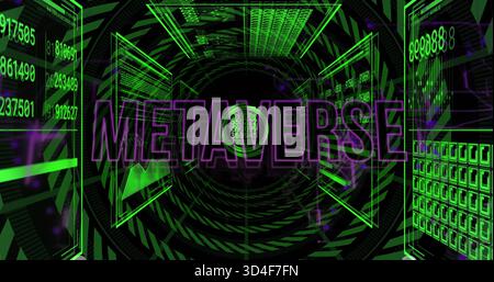 Displaying purple METAVERSE text spanning central VR tunnel, showing green holo panels and reticle Stock Photo