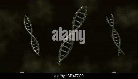 Floating central metallic double helix reflecting light in smoky void with flanking helices and fog Stock Photo