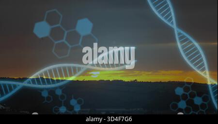 Glowing blue DNA helix spanning rural hillside at sunset with hexagonal molecular motifs Stock Photo