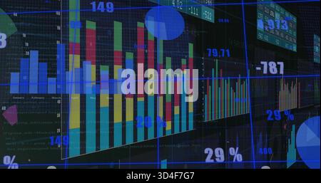 Displaying large stacked vertical bar chart on monitor, showing line graphs, 29% and numeric labels Stock Photo