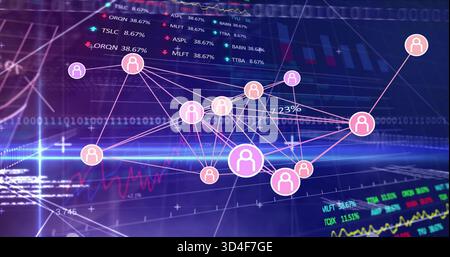 Displaying central cluster of pink avatar nodes on trading dashboard, showing tickers and percent Stock Photo