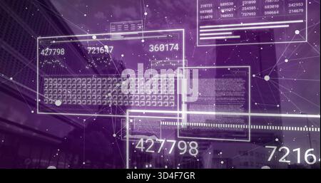 Displaying translucent panels hovering over city center, showing numeric readouts and chip grid Stock Photo