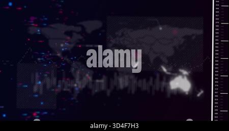 Displaying map overlay pulsing on dark UI with hatched overlays, waveform, Australia glow and ruler Stock Photo