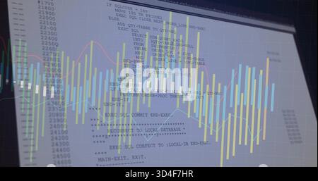 Displaying monitor showing SQL code and overlaid charts at workstation, with line markers Stock Photo