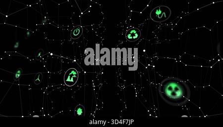 Forming 3D node-line mesh around central dark channel in digital space, with glowing green icons Stock Photo