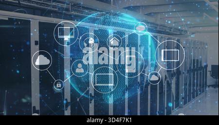 Projecting holographic network globe hovering over server rack aisle with device and security icons Stock Photo