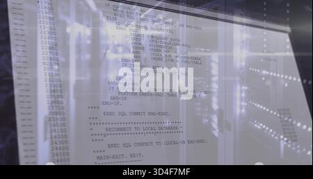 Displaying translucent code column overlaying server racks, showing LED status lights and glass Stock Photo
