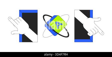 Keyboard key orbit and interactive hands 2D cartoon objects set Stock Vector