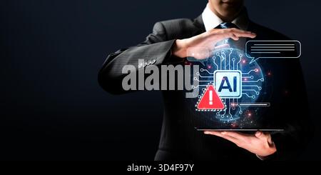 A businessman presents a futuristic AI icon surrounded by alert signals in a digital landscape, symbolizing the intersection of technology and Stock Photo