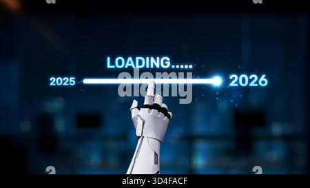 A sleek robotic hand interacts with a digital loading bar, visualizing the transition from 2025 to 2026, representing the future of technology and Stock Photo