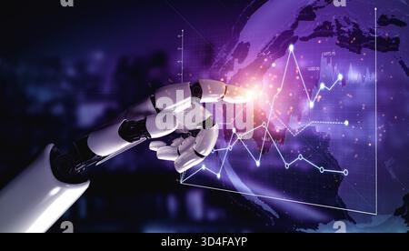 A robotic hand reaches towards a vibrant digital world map displaying dynamic data and graphs, symbolizing the intersection of technology and finance Stock Photo